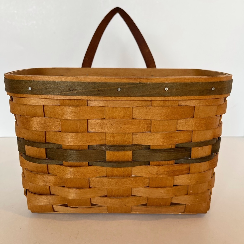 Hand-woven Signed Basket with Green Accents and Leather Handle